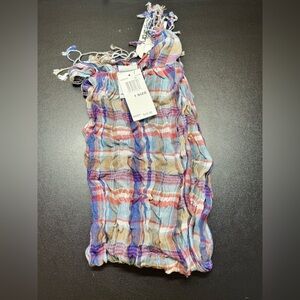 Superdry Oxford Plaid Scarf Blue Pink Check Fringe 100% Viscose NWT MSRP $40